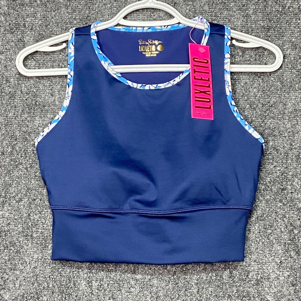 Lilly Pulitzer Bentlee Bra Top S UPF 50 Low Tide Navy Studio Stretch Activewear